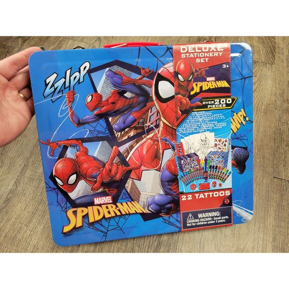 Marvel SPIDER-MAN Stationary Set In Tin Carry Case w/over 200 Pieces, 24 Tattoos - Picture 1 of 3
